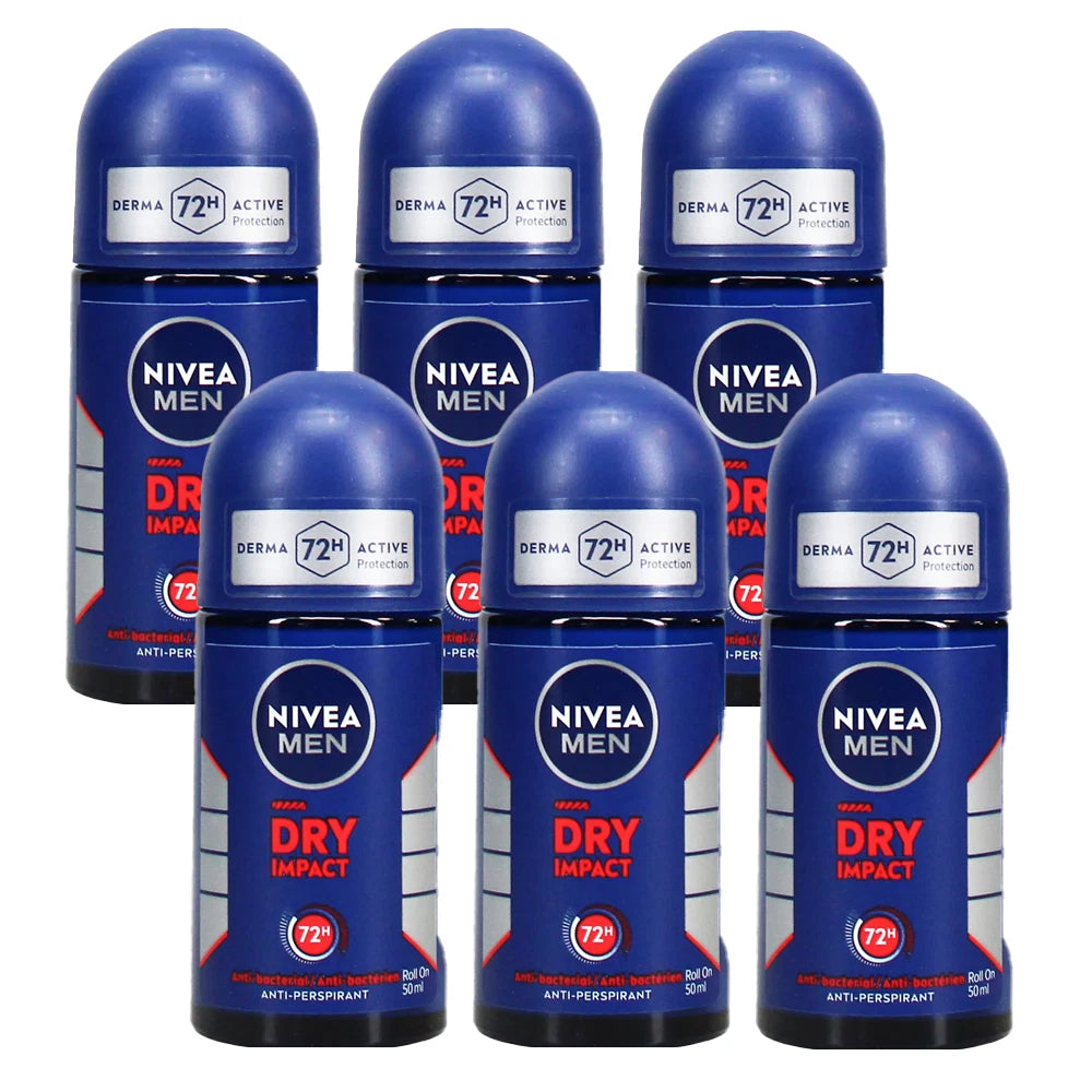 50ml Nivea Men Dry Impact Anti-Perspirant Deodorant Roll On 72h Protection - 6 PACK